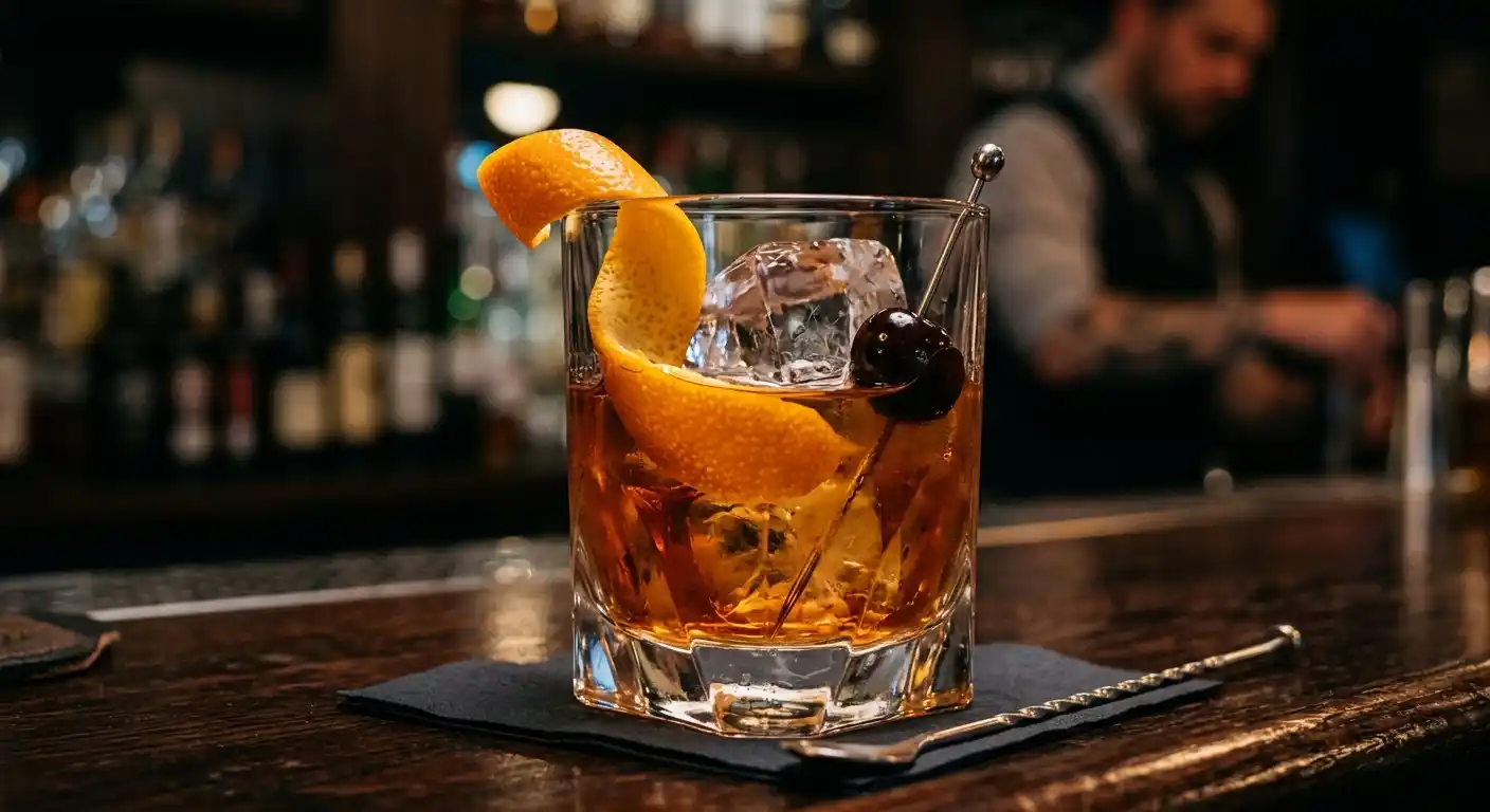 A classic old fashioned cocktail in a short glass with a large ice cube, garnished with an orange peel and a cherry, sitting on a wooden bar counter with a bartender in the background.