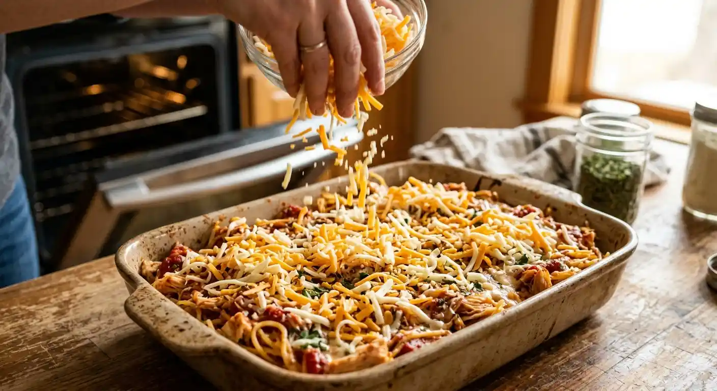Hands mixing spaghetti, shredded chicken, and creamy sauce in a large bowl before baking.