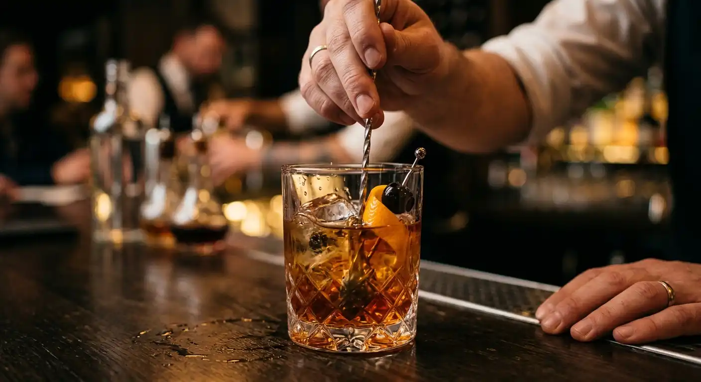 A classic old fashioned cocktail in a short glass with a large ice cube, garnished with an orange peel and a cherry, sitting on a wooden bar counter with a bartender in the background.