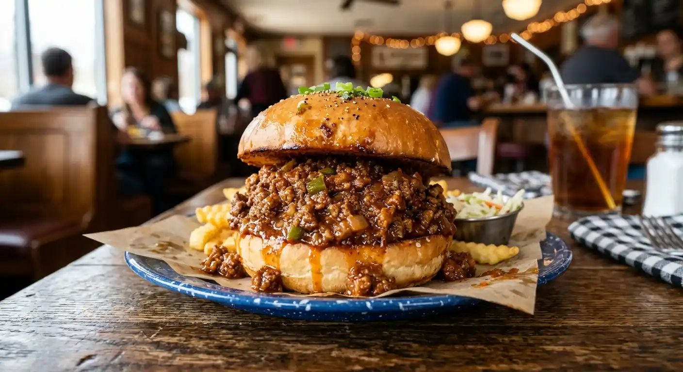 Juicy homemade sloppy joe sandwich with saucy ground beef on a soft burger bun