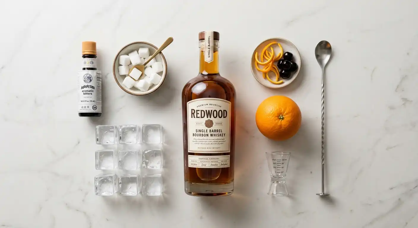 A classic old fashioned cocktail in a short glass with a large ice cube, garnished with an orange peel and a cherry, sitting on a wooden bar counter with a bartender in the background.