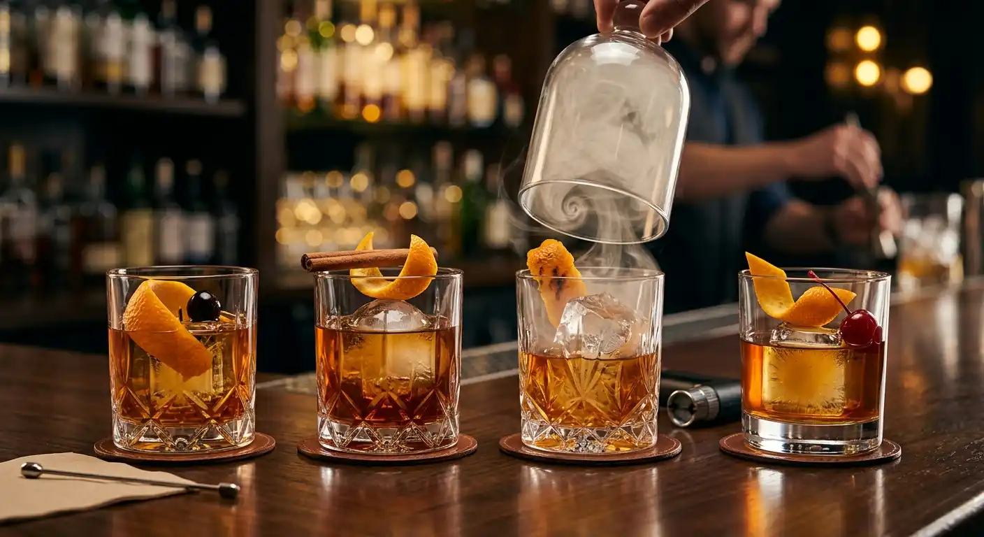 A classic old fashioned cocktail in a short glass with a large ice cube, garnished with an orange peel and a cherry, sitting on a wooden bar counter with a bartender in the background.