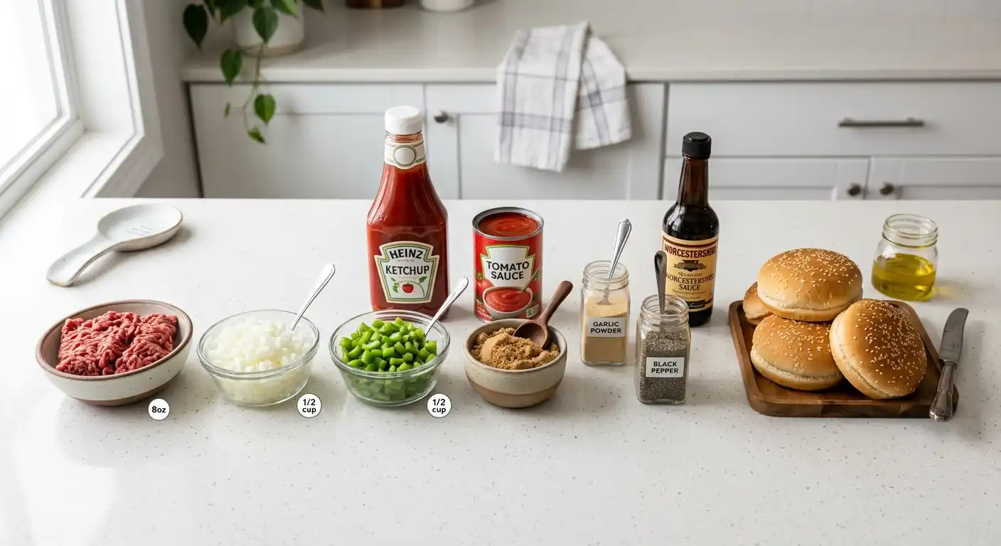 Ingredients for sloppy joes including ground beef onions peppers tomato sauce and buns