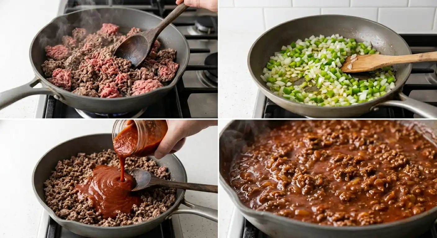 Ground beef cooking in a pan with onions and peppers for sloppy joe recipe