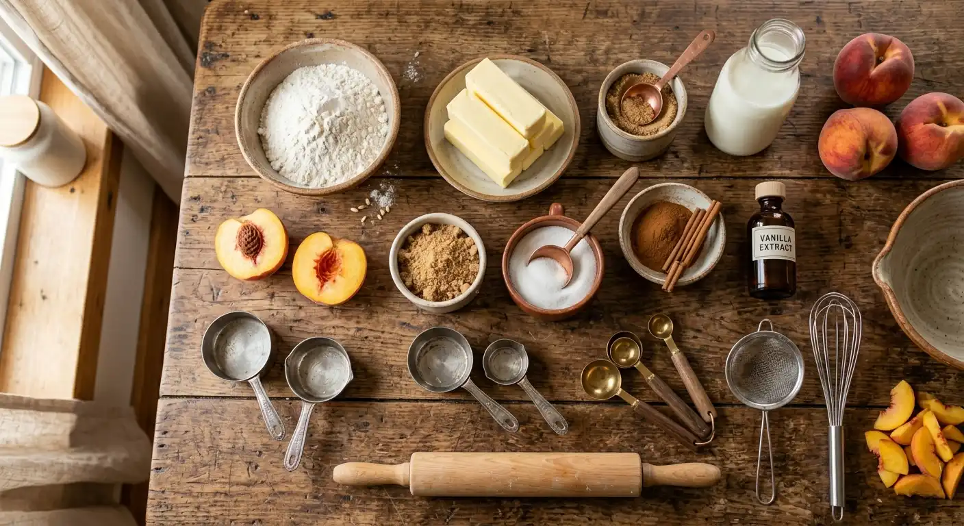 Fresh peaches, flour, butter, cinnamon, sugar, milk and vanilla arranged with baking tools on farmhouse kitchen counter