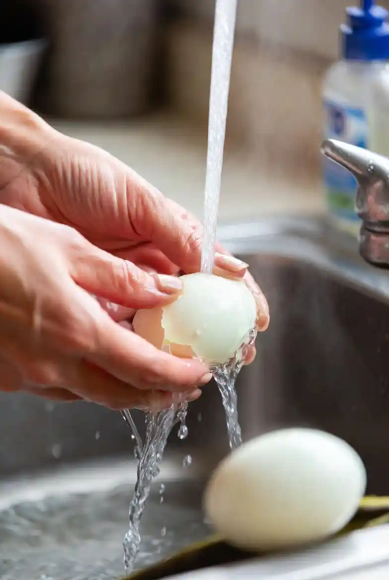 Close-up of hands peeling freshly boiled eggs under running water in a kitchen sink, preparing them for pickling in a homemade recipe process.