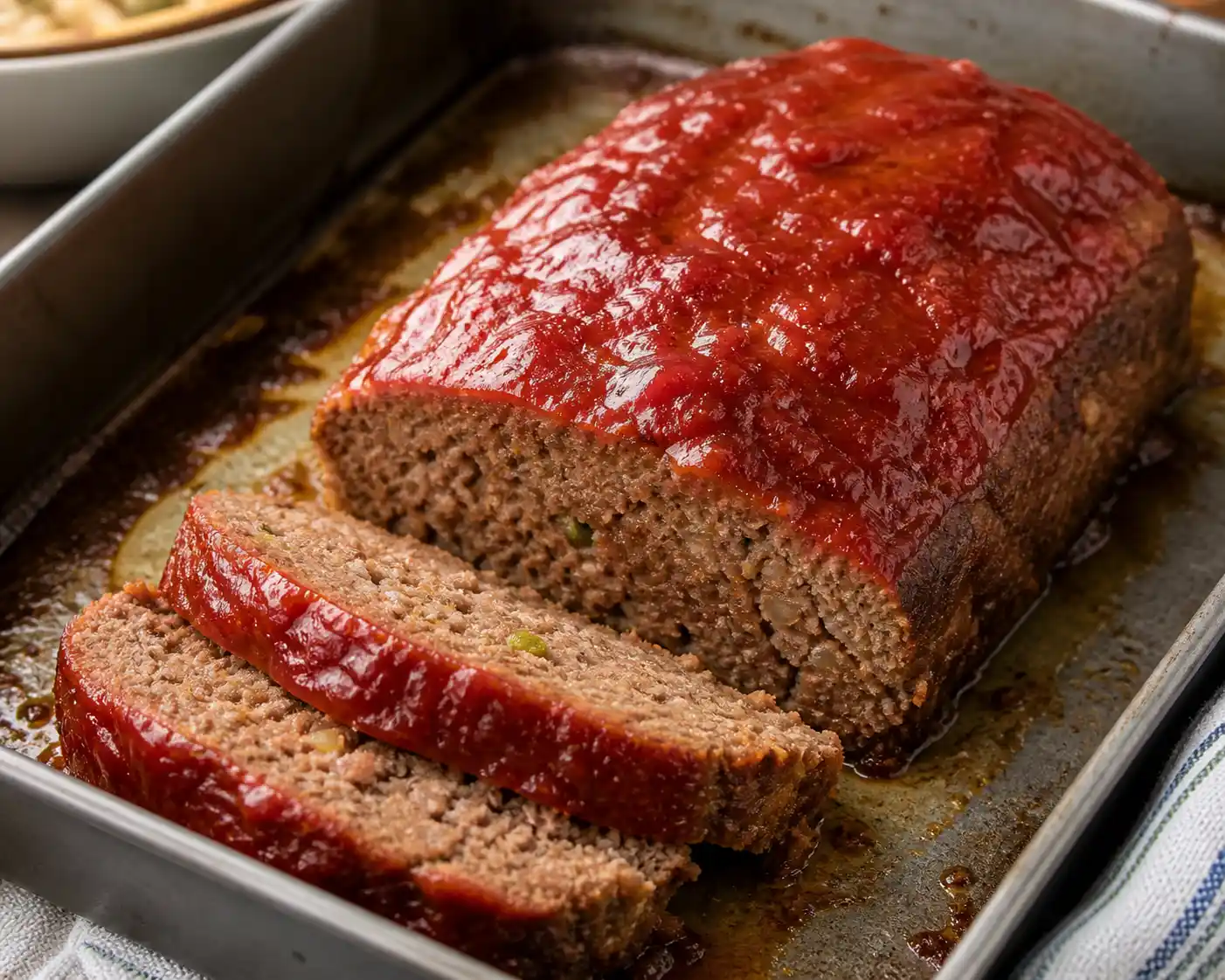 Fresh homemade meatloaf with ketchup glaze sliced on a wooden board beside mashed potatoes and green beans