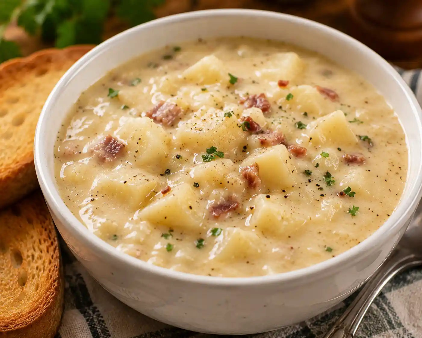 A thick and chunky potato soup served in a white ceramic bowl with toasted bread on the side showing soft potato pieces and creamy texture in detail.