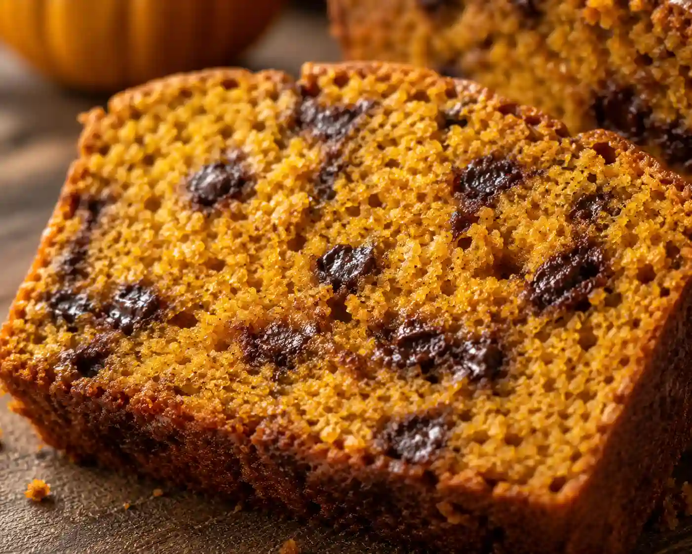 A detailed close-up of a single pumpkin bread slice showing a soft, moist texture with visible pumpkin crumbs and melted chocolate chips throughout.Select 76 more words to run Humanizer.