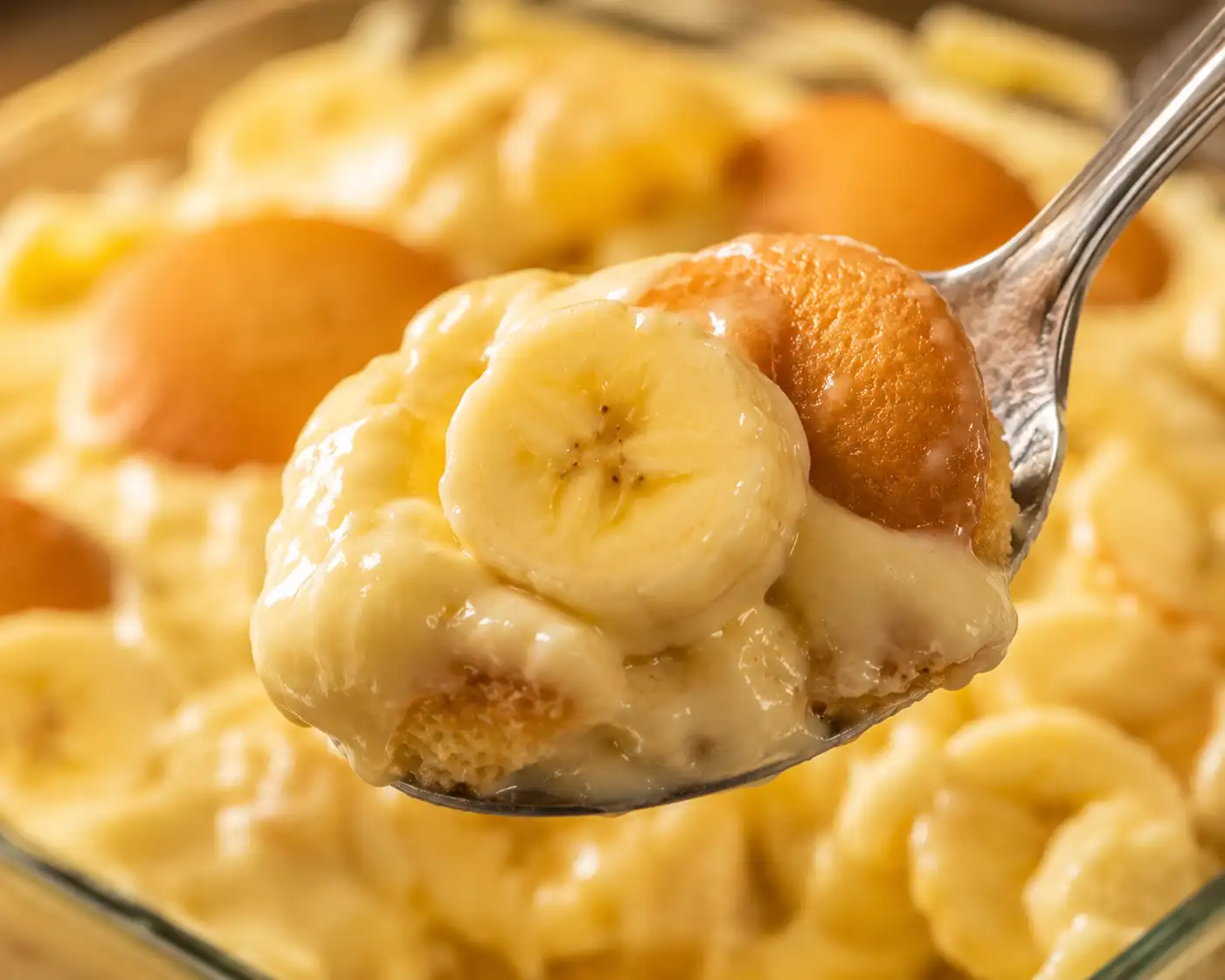 Close up of a spoon lifting creamy banana pudding with soft bananas and soaked vanilla wafers in warm lighting