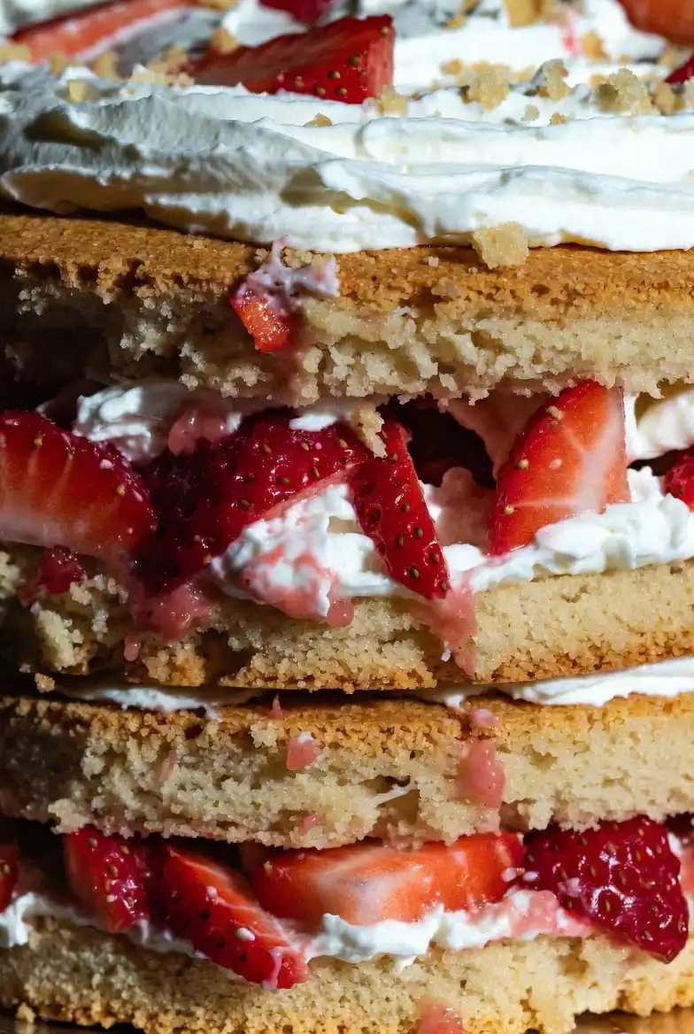 Extreme close-up of soft strawberry cake layers showing moist crumb, fresh strawberry filling, and creamy frosting texture.