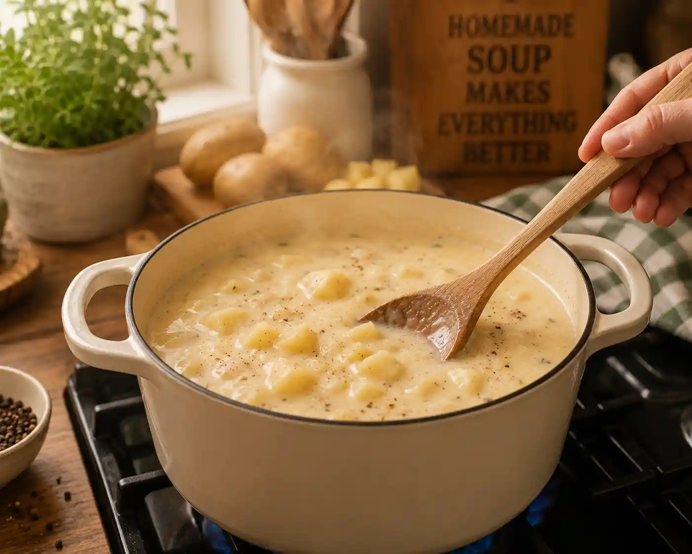 A large pot of creamy potato soup simmering on the stove while a wooden spoon stirs soft potatoes and rich broth in a cozy home kitchen.