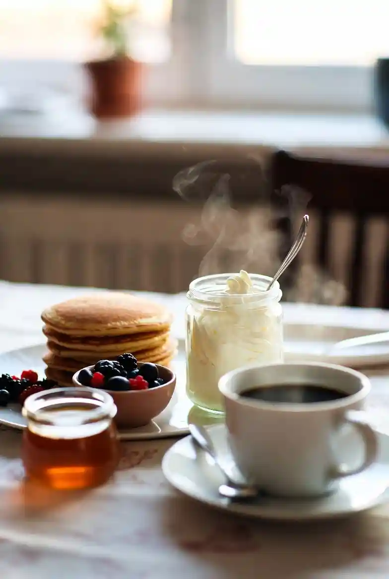 A cozy family breakfast table featuring a stack of pancakes served with fresh berries, honey, whipped cream, and coffee, creating a warm and inviting morning atmosphere.