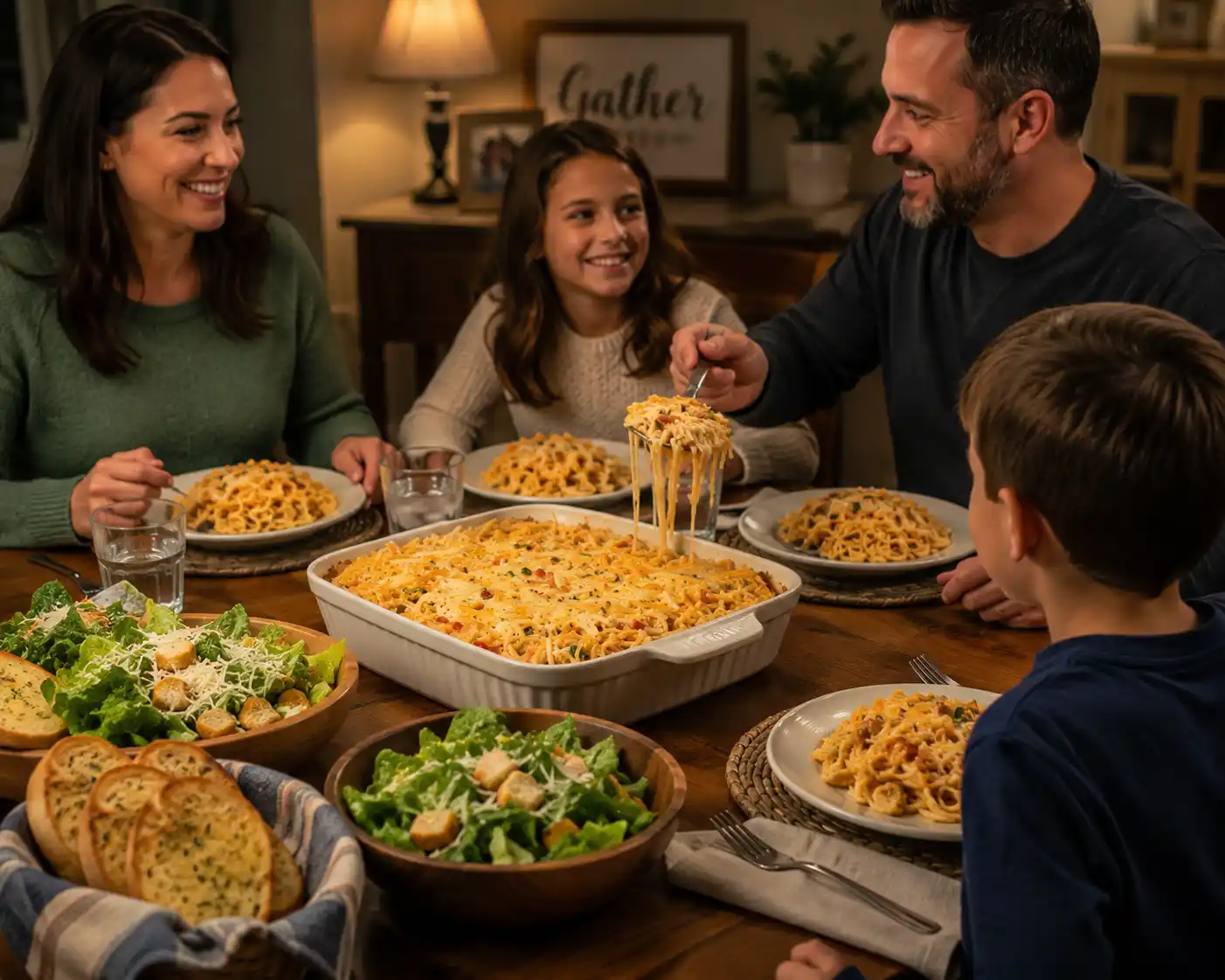 A cozy family dinner table with chicken spaghetti served along with garlic bread and salad.