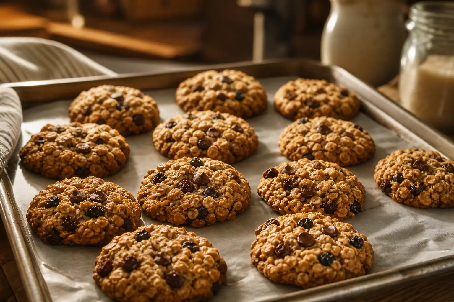 Golden brown oatmeal cookies made with old fashioned oats, studded with chocolate chips and raisins, cooling on a baking tray in a warm kitchen setting with soft natural light, captured in high-detail cinematic food photography style.
