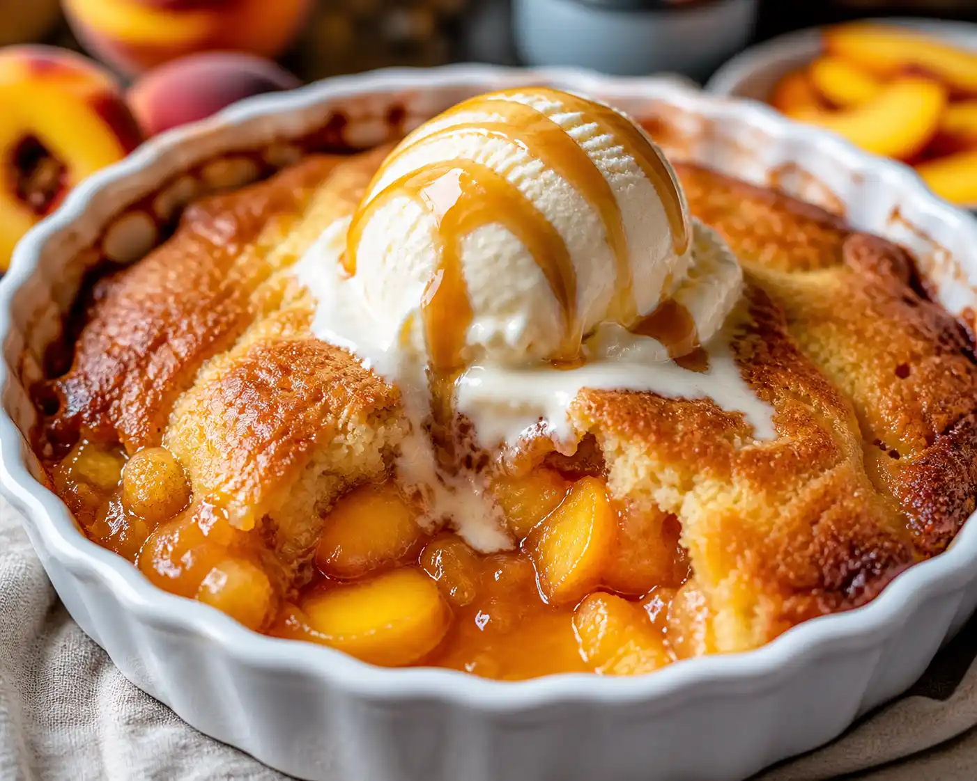 Warm peach cobbler served with melting vanilla ice cream and fresh peach slices