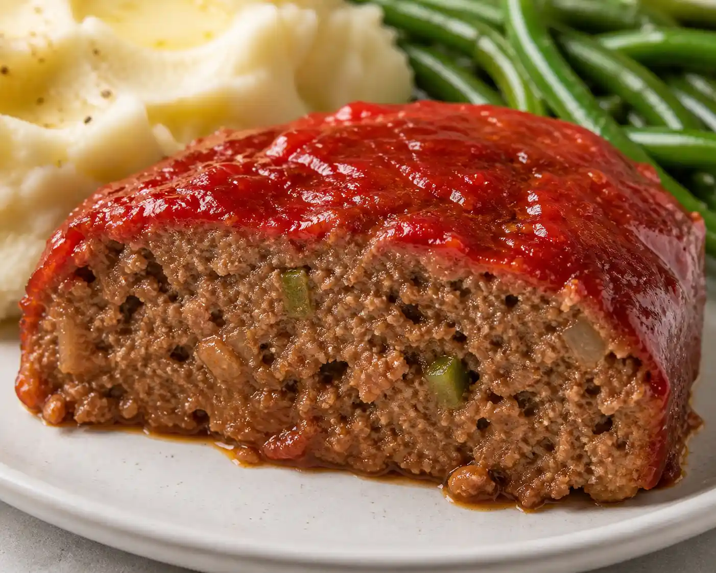 Close-up of a juicy homemade meatloaf slice showing soft texture and flavorful glaze