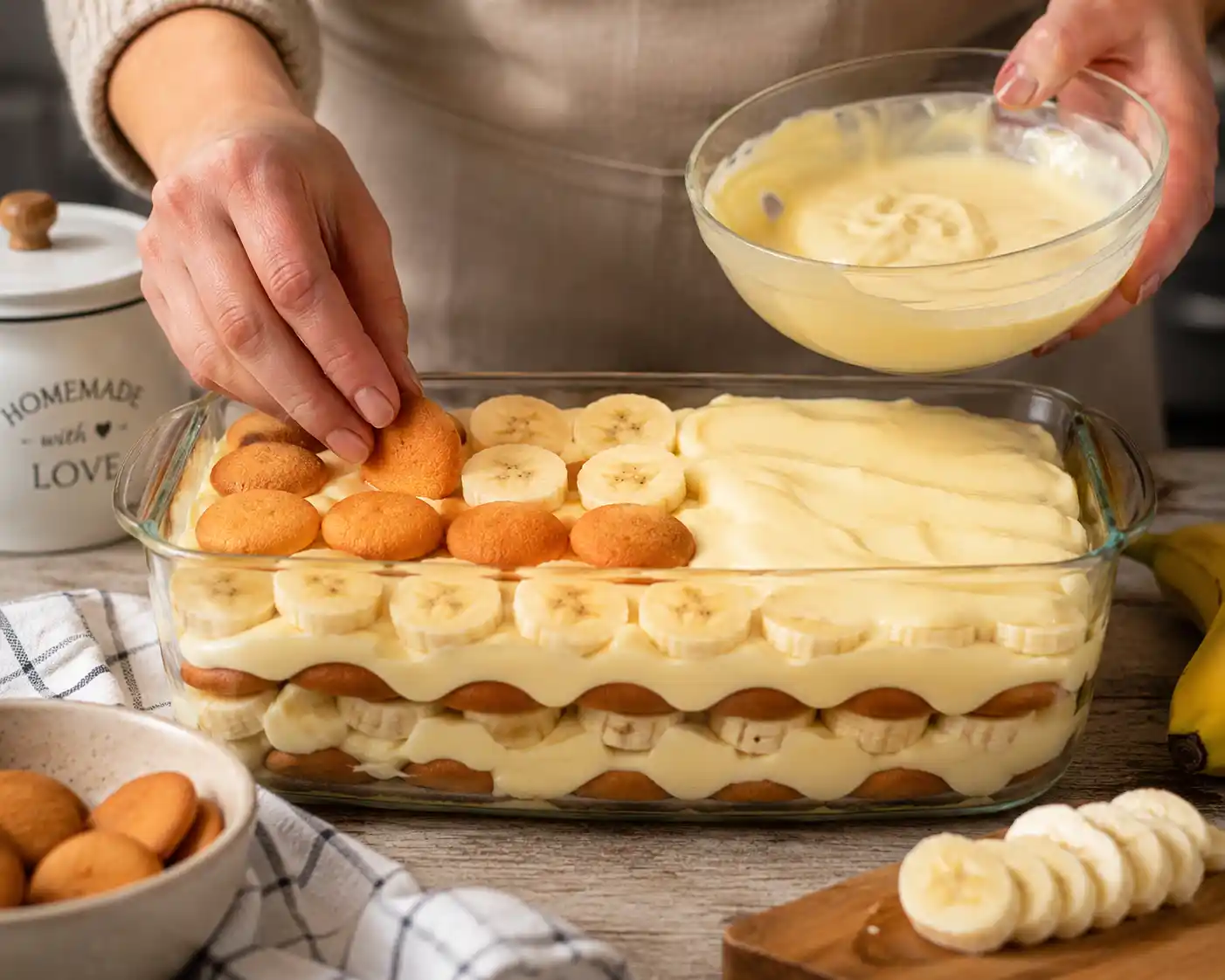 Hands layering vanilla wafers bananas and creamy pudding in a clear glass dish for homemade banana pudding preparation