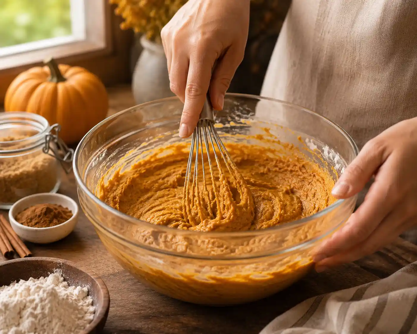 Hands mixing thick orange pumpkin bread batter with a whisk in a glass bowl, capturing a homemade baking moment in a warm kitchen setting.Select 76 more words to run Humanizer.