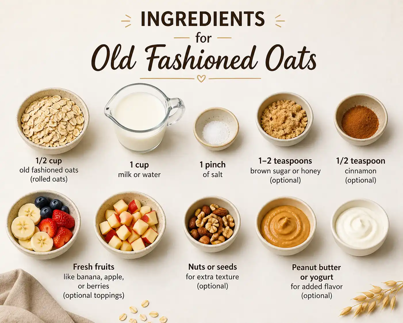 A clean, well-designed infographic showing ingredients for old fashioned oats recipe, including rolled oats, milk or water, salt, brown sugar or honey, cinnamon, fresh fruits, nuts or seeds, peanut butter, and yogurt, arranged neatly in labeled bowls on a light background with a warm, cozy food photography style.