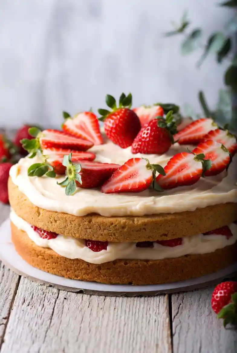 A beautiful two-layer old-fashioned strawberry cake with moist sponge, creamy frosting, topped with fresh strawberries on rustic wooden table. 
