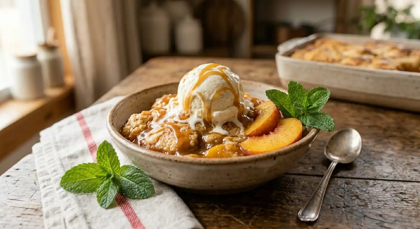Warm peach cobbler served in a bowl topped with melting vanilla ice cream and caramel drizzle with fresh peach slices and mint
