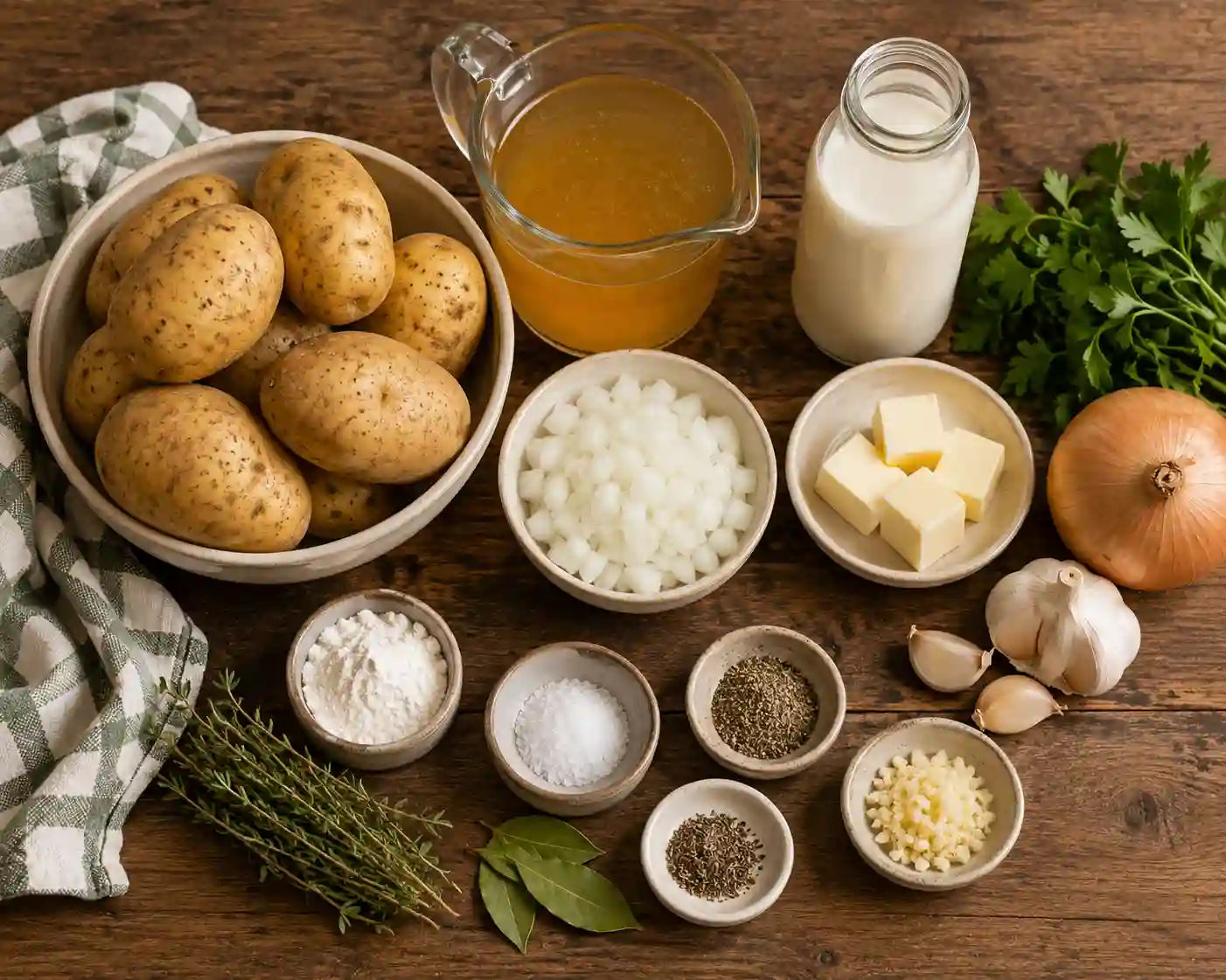 Fresh potatoes, onions, garlic, butter, milk, broth and herbs arranged neatly on a farmhouse kitchen counter before cooking homemade potato soup.