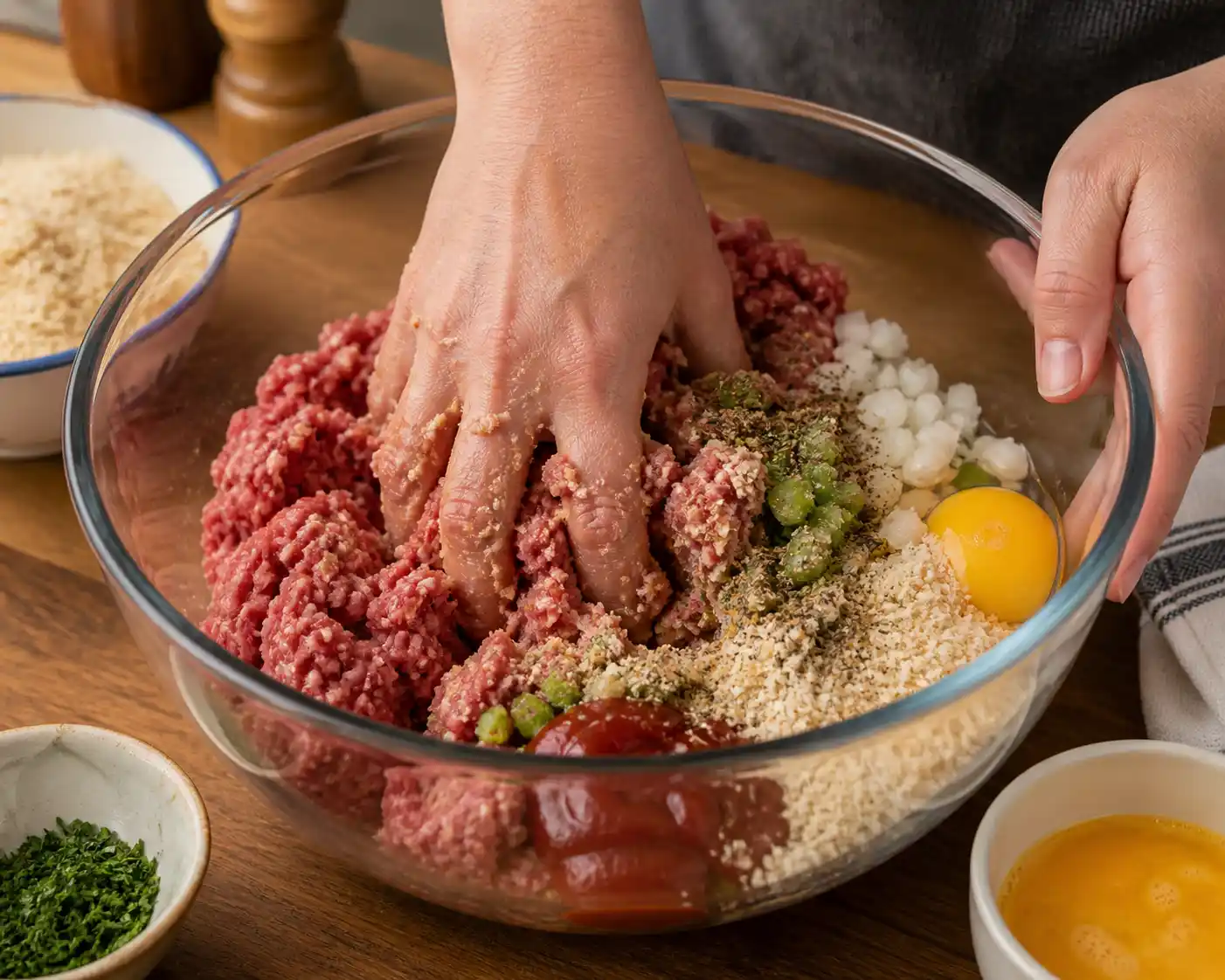 Ground beef mixed with Quaker oats eggs onion garlic and seasonings in a large bowl before baking