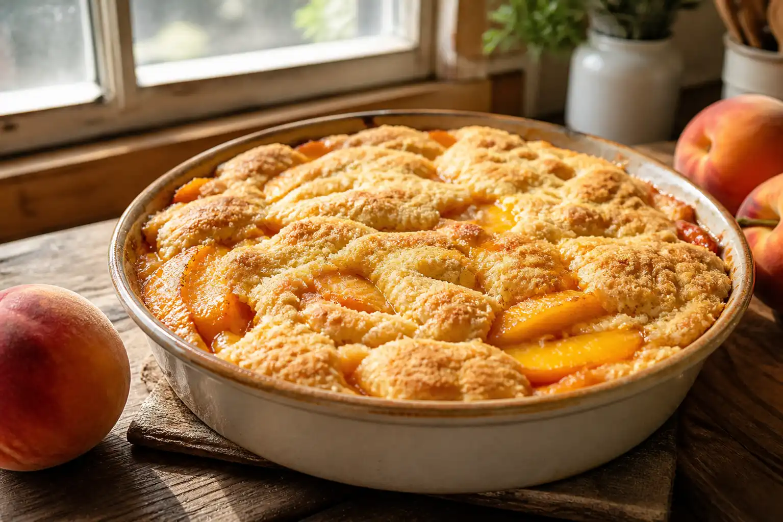 Close-up of a rustic homemade peach cobbler baked in a ceramic dish, filled with juicy peach slices and topped with a golden, slightly crisp crust. The dessert sits on a wooden farmhouse table in warm natural sunlight, with fresh peaches nearby and a cozy kitchen background, creating a soft, homely summer atmosphere.