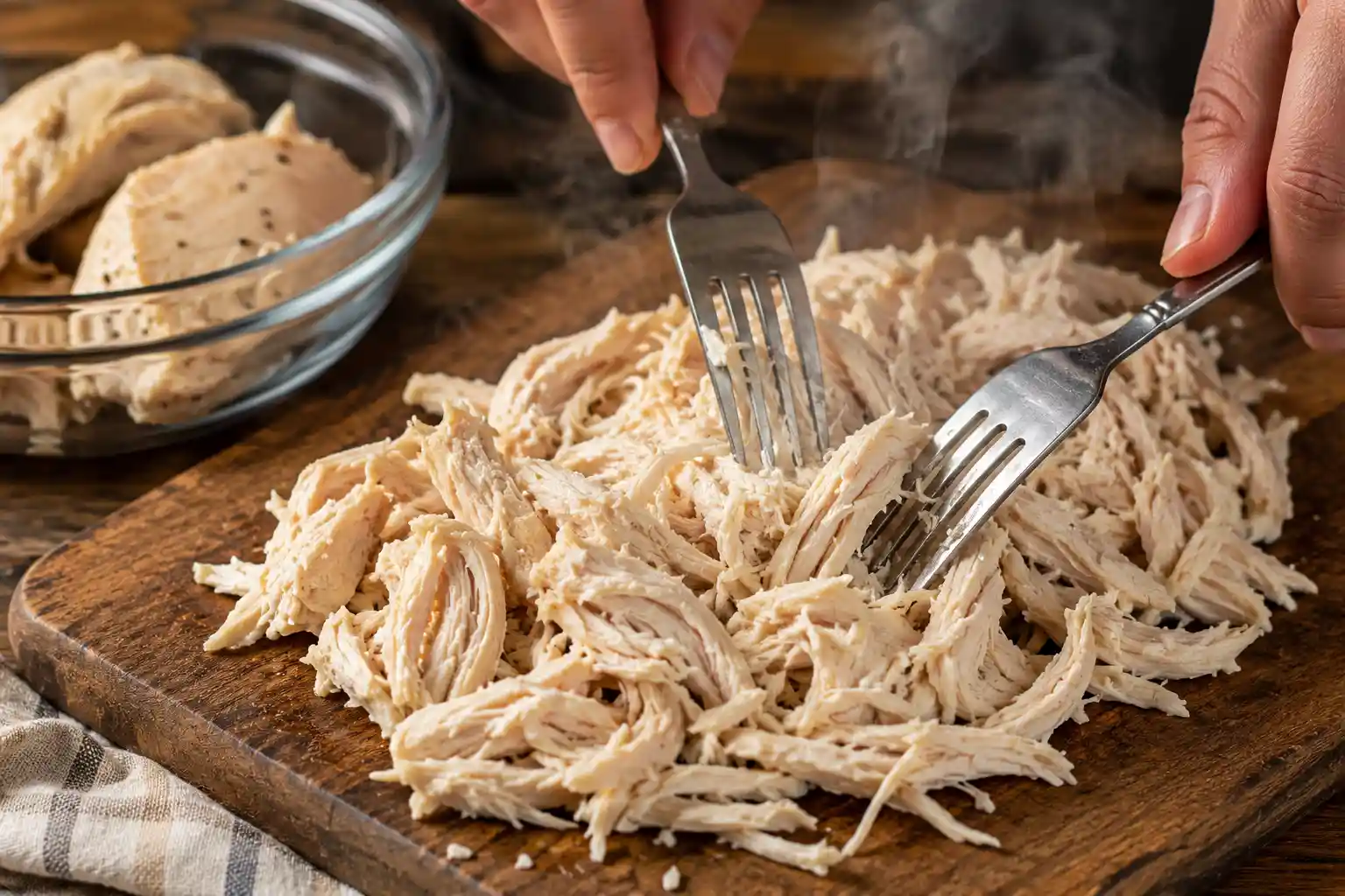Cooked chicken being shredded on a wooden board, prepared for making chicken spaghetti recipe.
