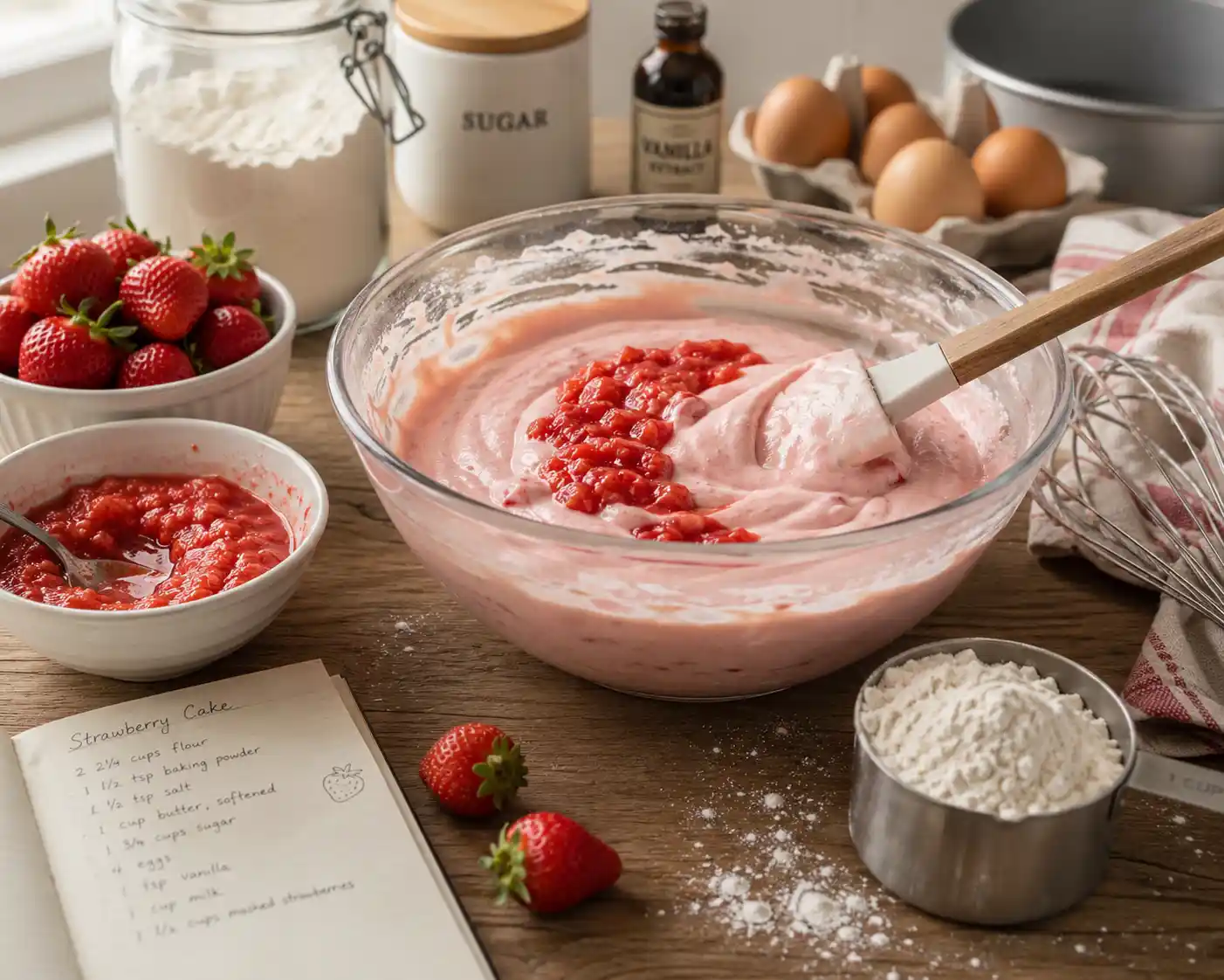 A cozy kitchen setup showing a mixing bowl with whisk, eggs, flour, and mashed strawberries being folded into smooth pink cake batter.